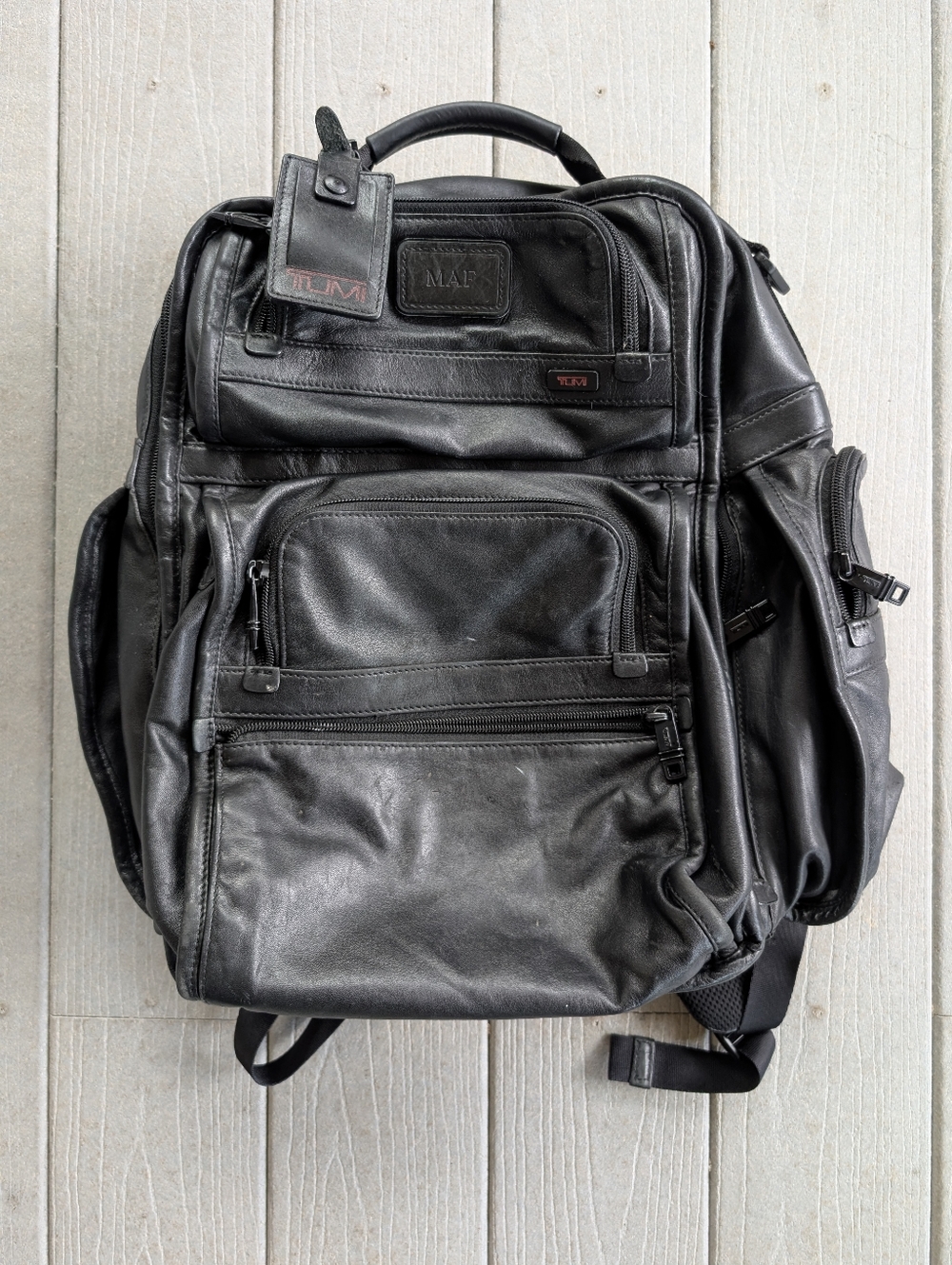 TUMI Black Leather Backpack Alpha Laptop Travel Bag Multi Pocket